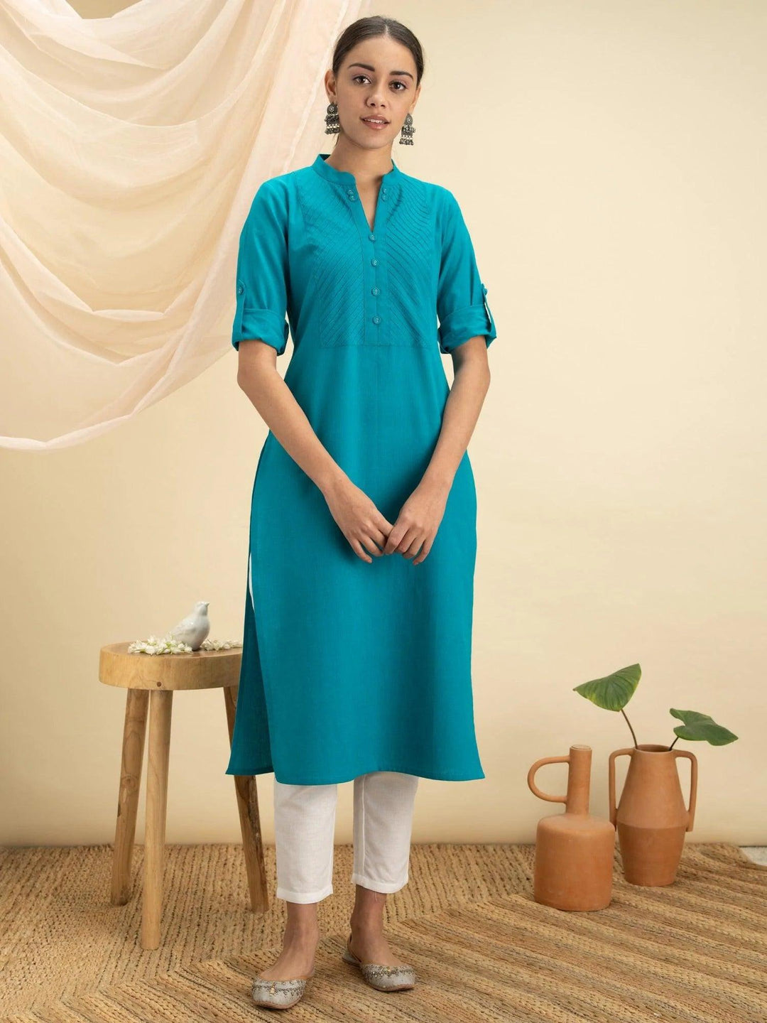 Blue Solid Cotton Kurta - ShopLibas