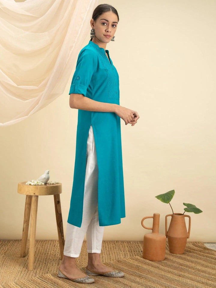 Blue Solid Cotton Kurta - ShopLibas