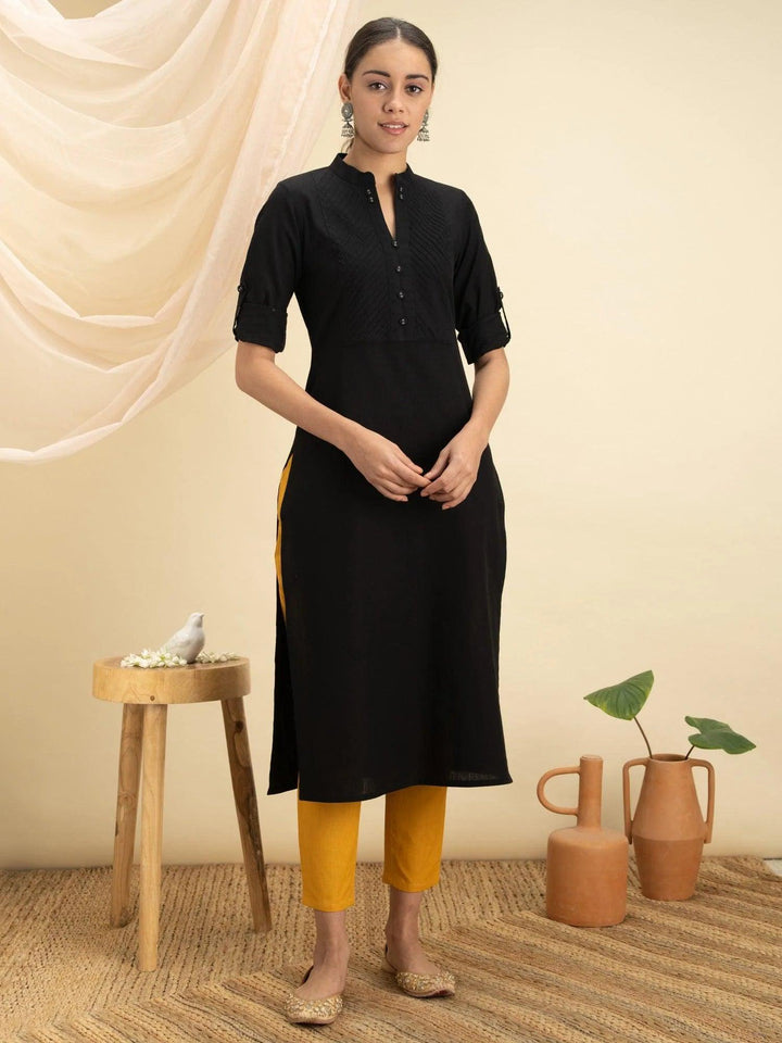 Black Solid Cotton Kurta - ShopLibas