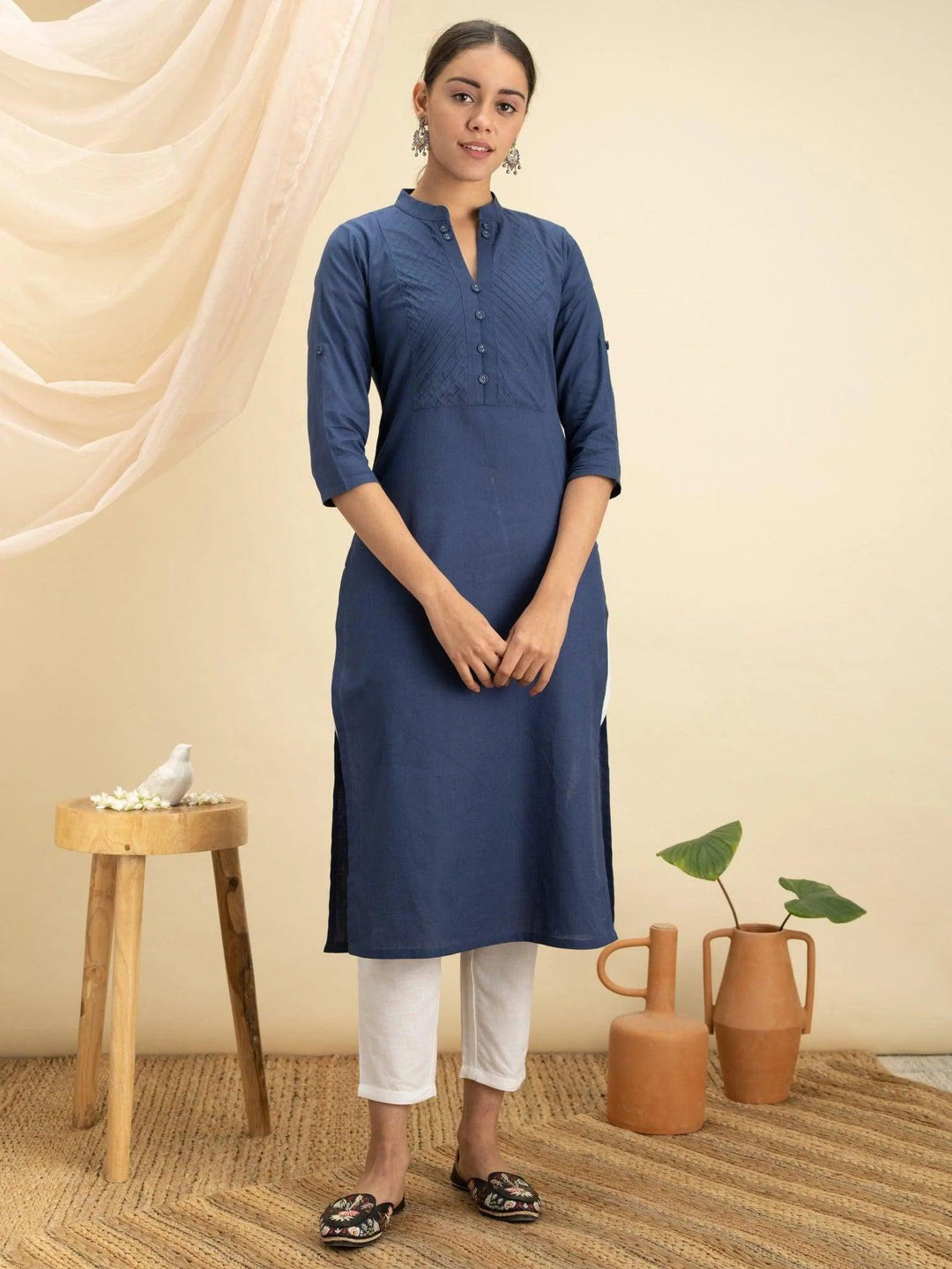 Blue Solid Cotton Kurta - ShopLibas