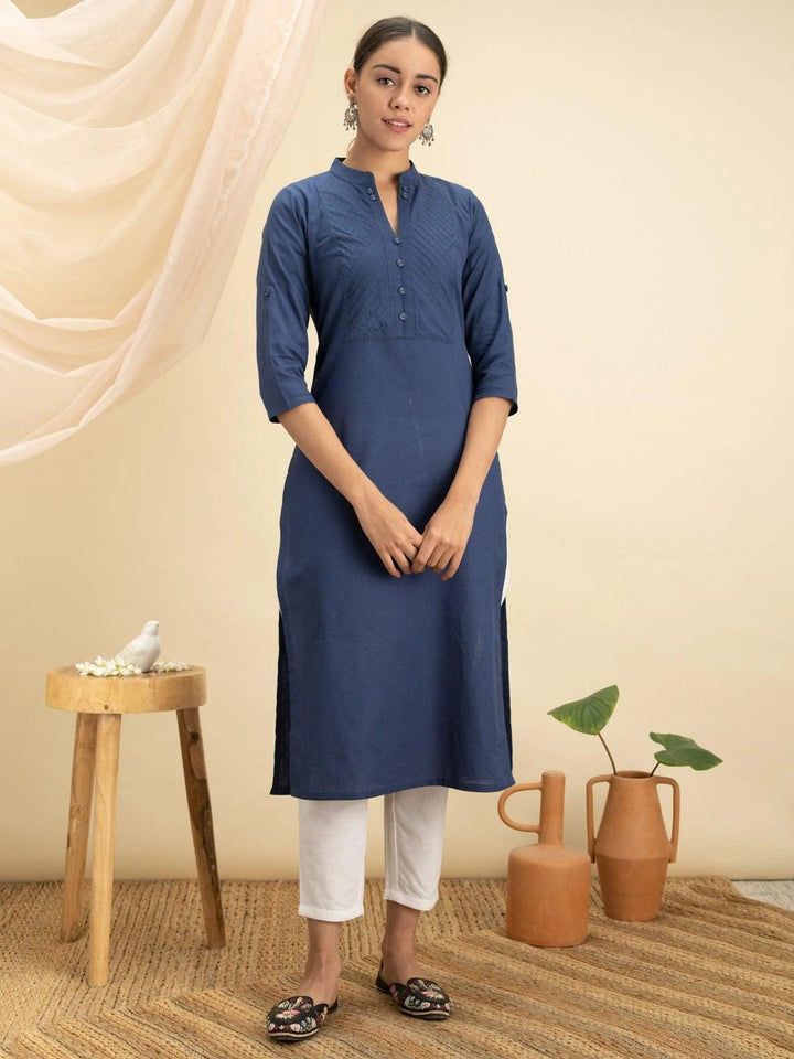 Blue Solid Cotton Kurta - ShopLibas