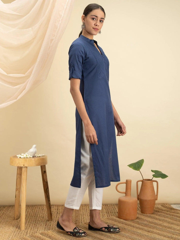 Blue Solid Cotton Kurta - ShopLibas