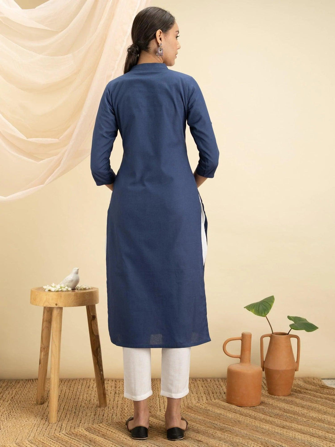 Blue Solid Cotton Kurta - ShopLibas