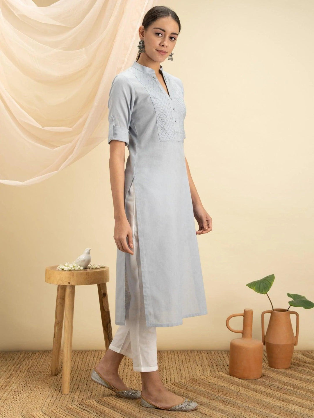 Grey Solid Cotton Kurta - ShopLibas