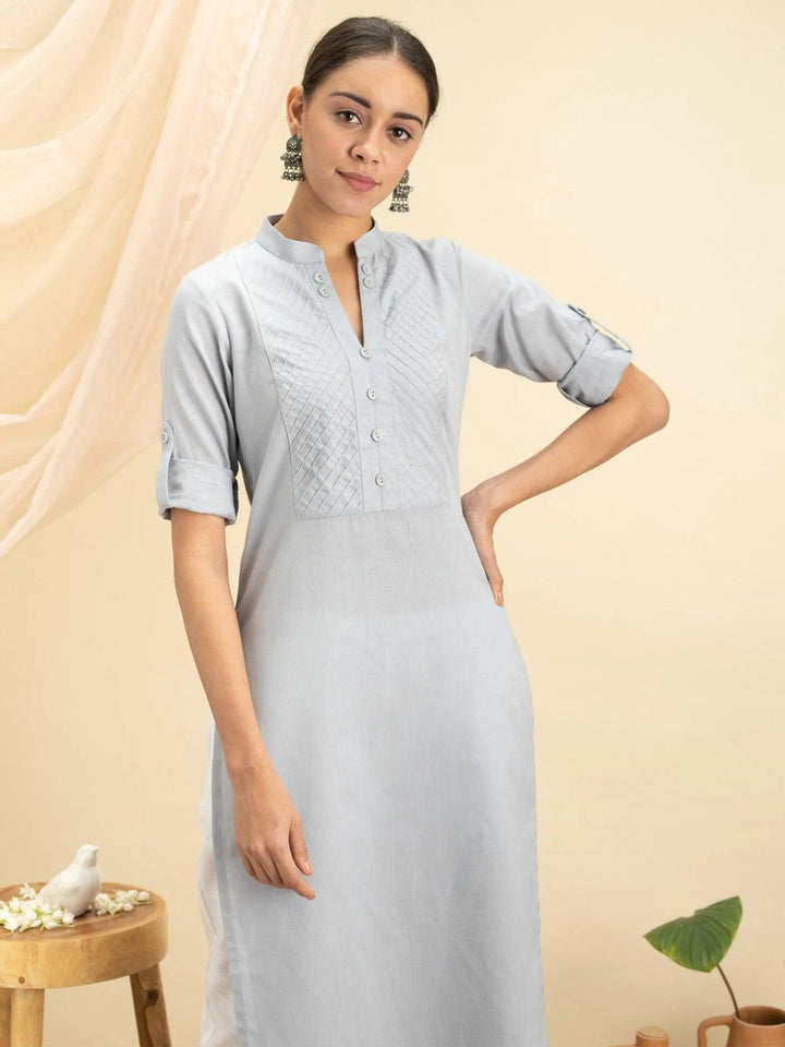 Grey Solid Cotton Kurta - ShopLibas