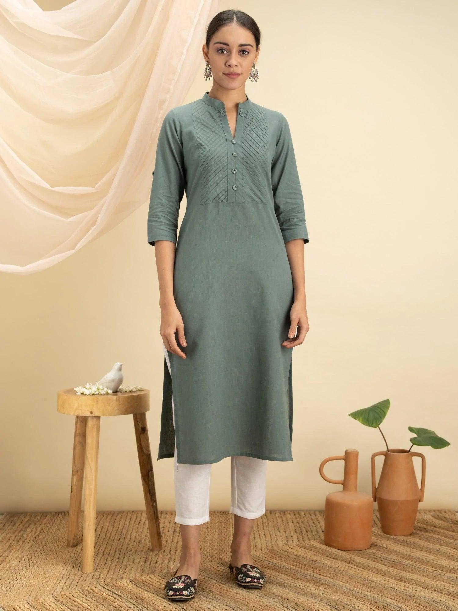 Green Solid Cotton Kurta