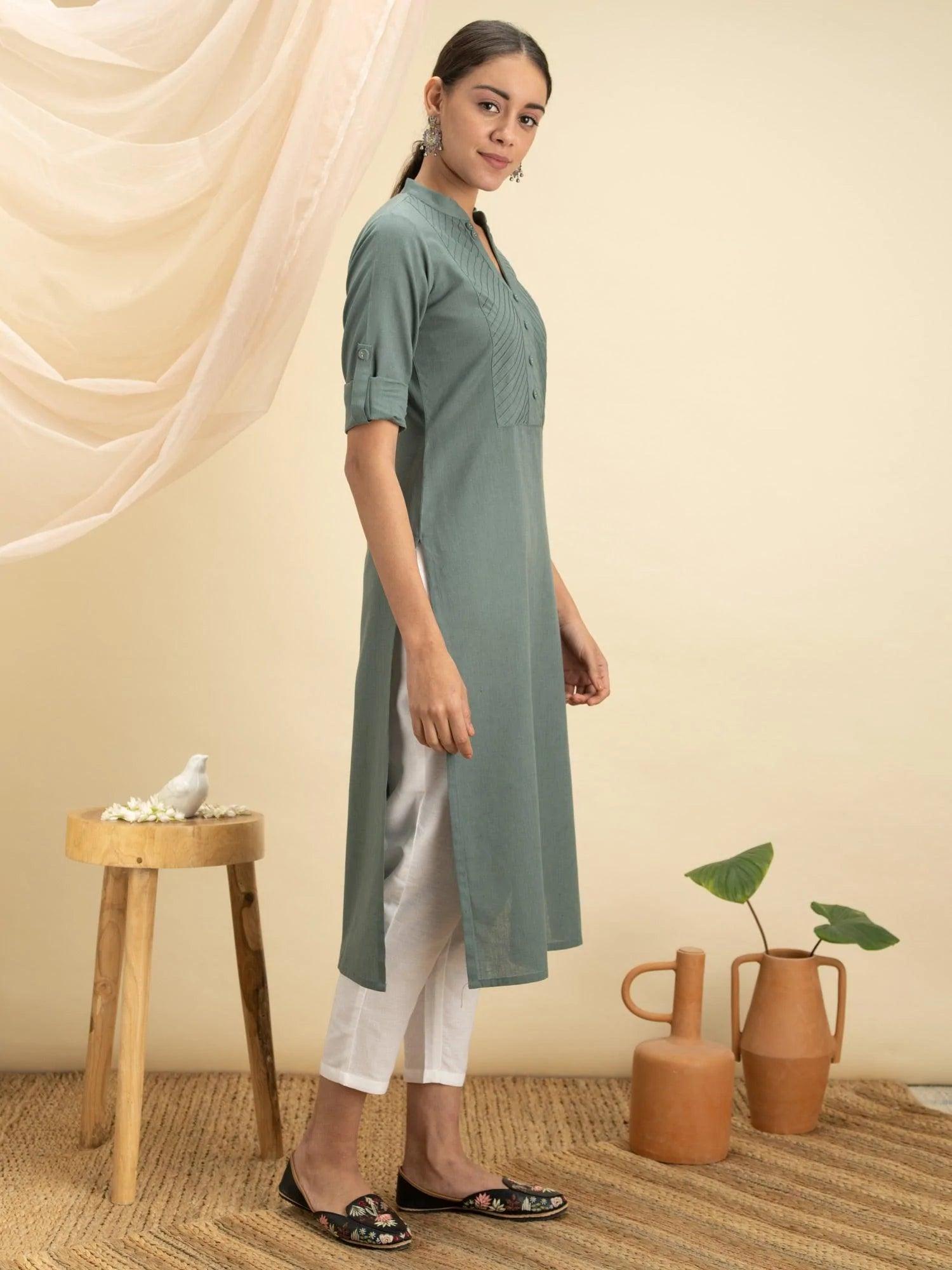 Green Solid Cotton Kurta