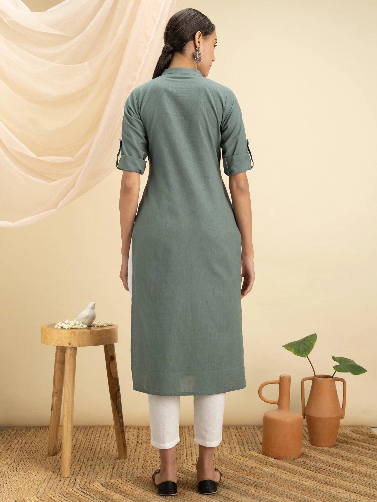 Green Solid Cotton Kurta