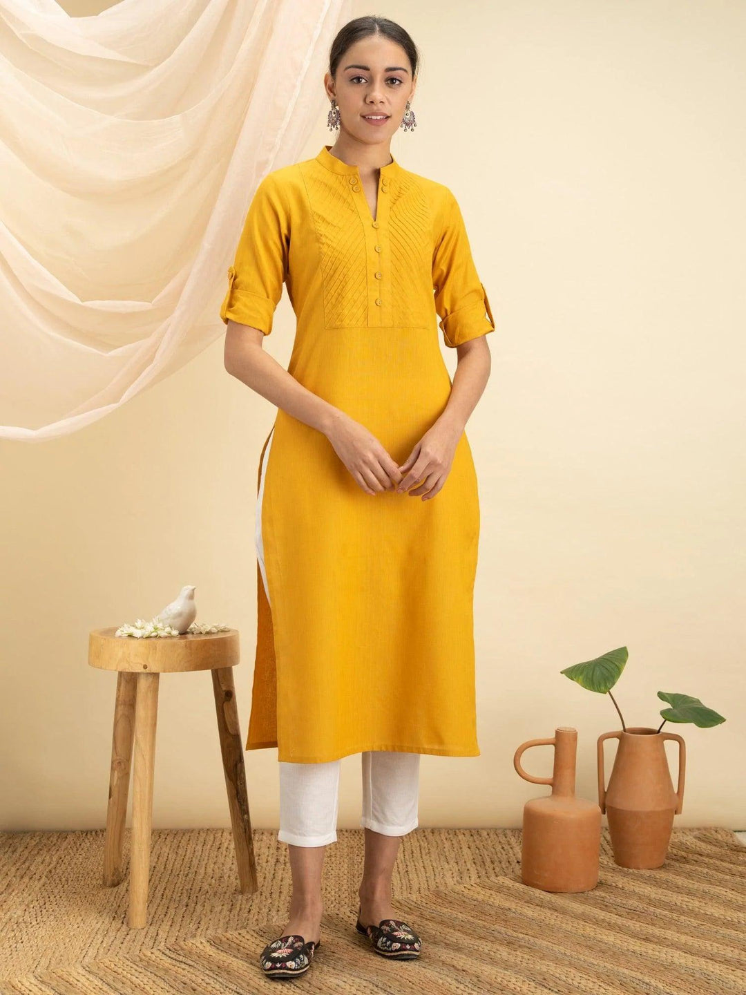 Yellow Solid Cotton Kurta - ShopLibas