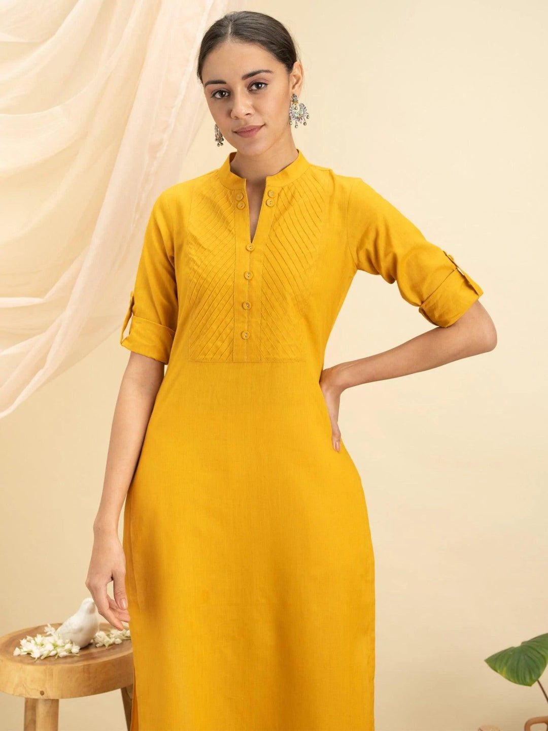 Yellow Solid Cotton Kurta - ShopLibas