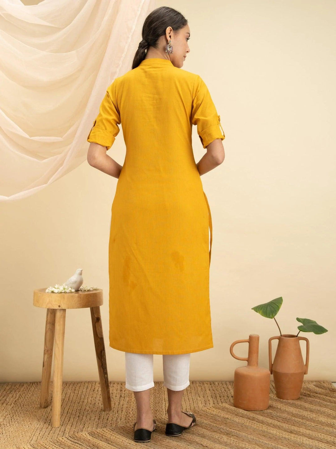 Yellow Solid Cotton Kurta - ShopLibas