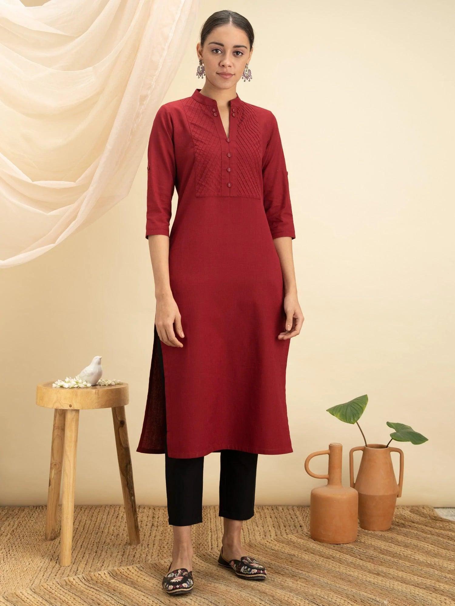 Maroon Solid Cotton Kurta