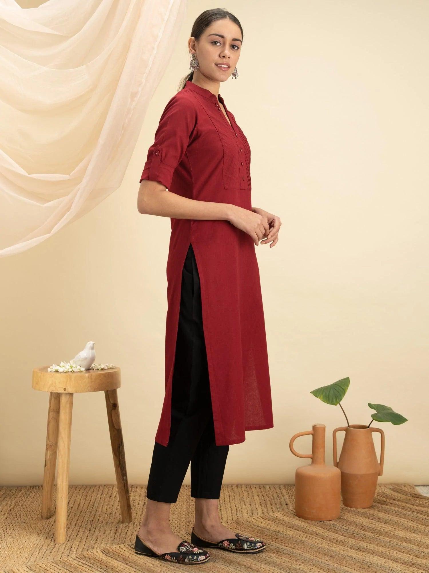 Maroon Solid Cotton Kurta