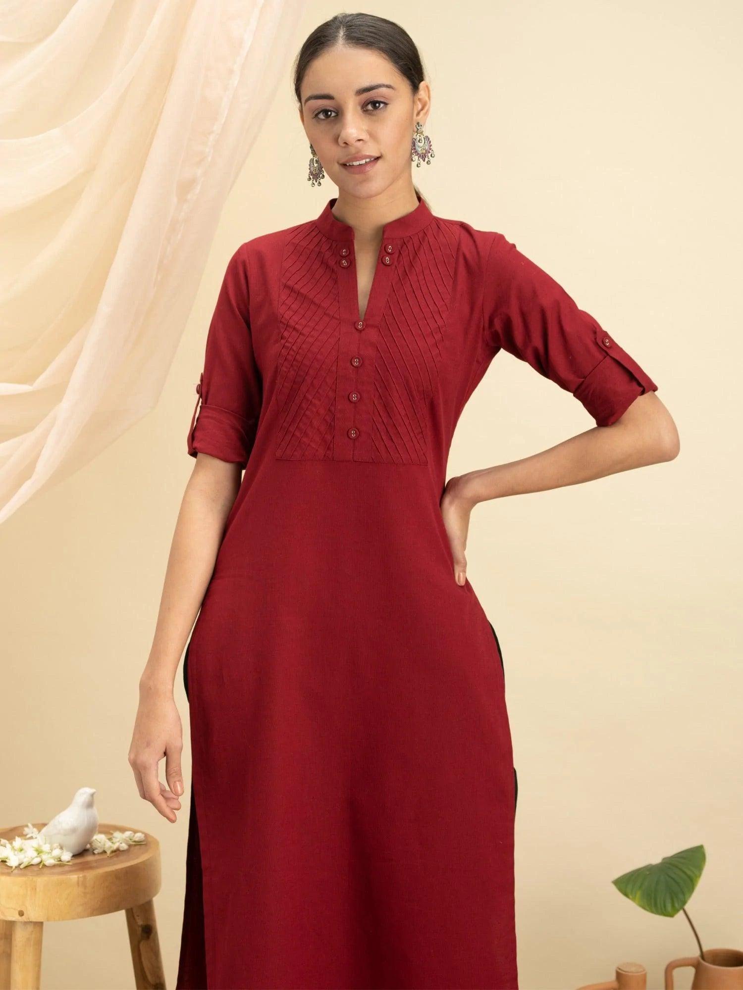 Maroon Solid Cotton Kurta