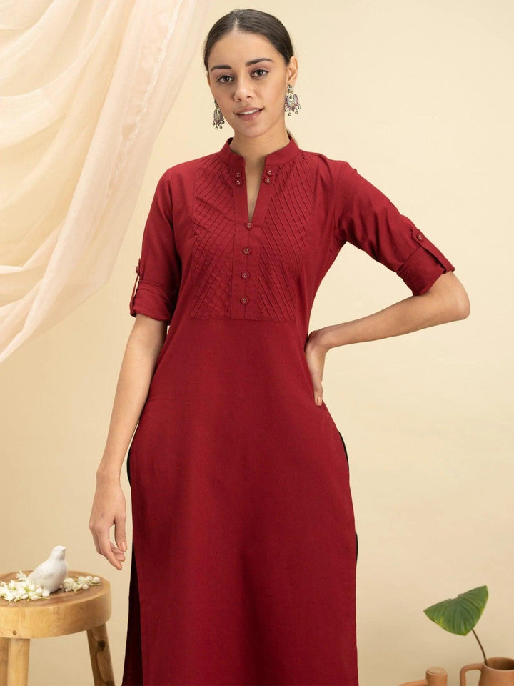 Maroon Solid Cotton Kurta - ShopLibas