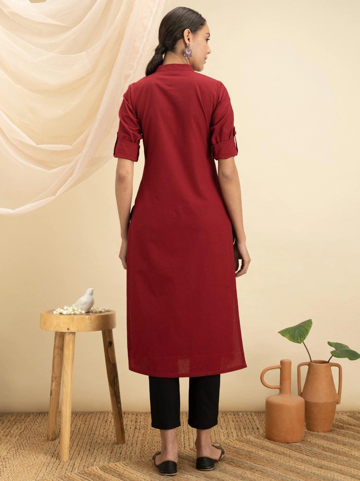 Maroon Solid Cotton Kurta