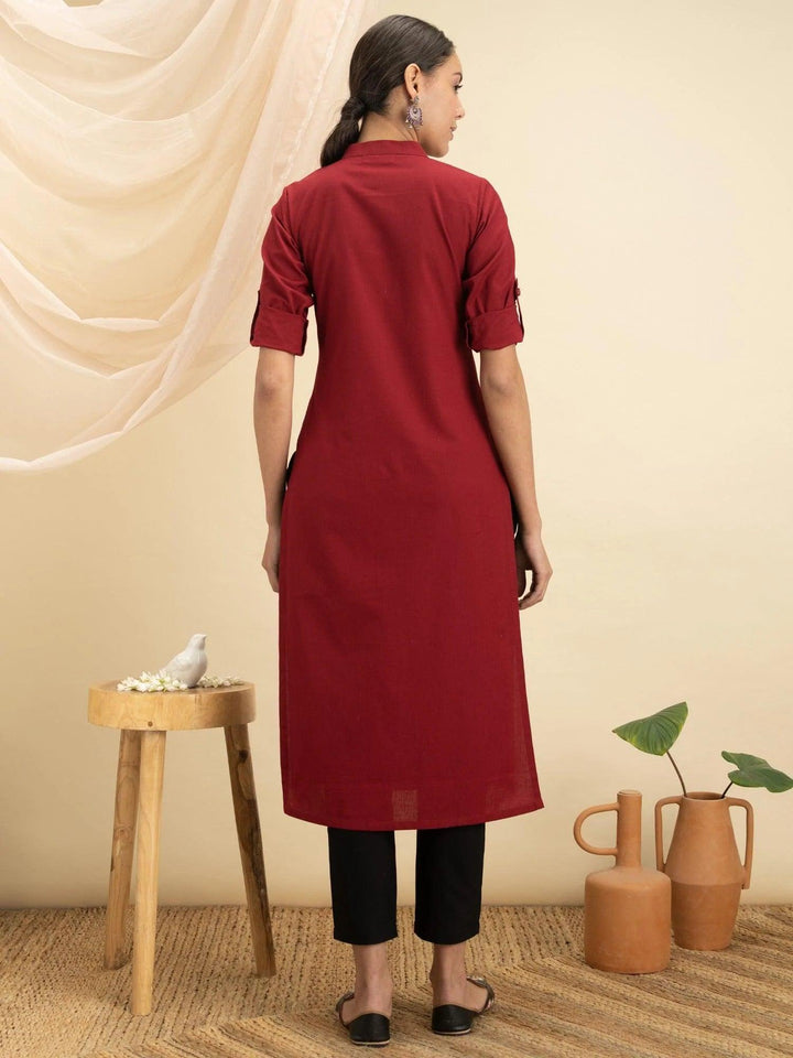 Maroon Solid Cotton Kurta - ShopLibas