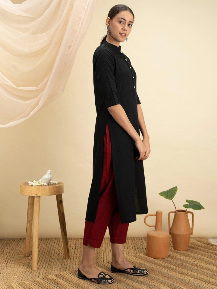 Black Solid Cotton Kurta - ShopLibas