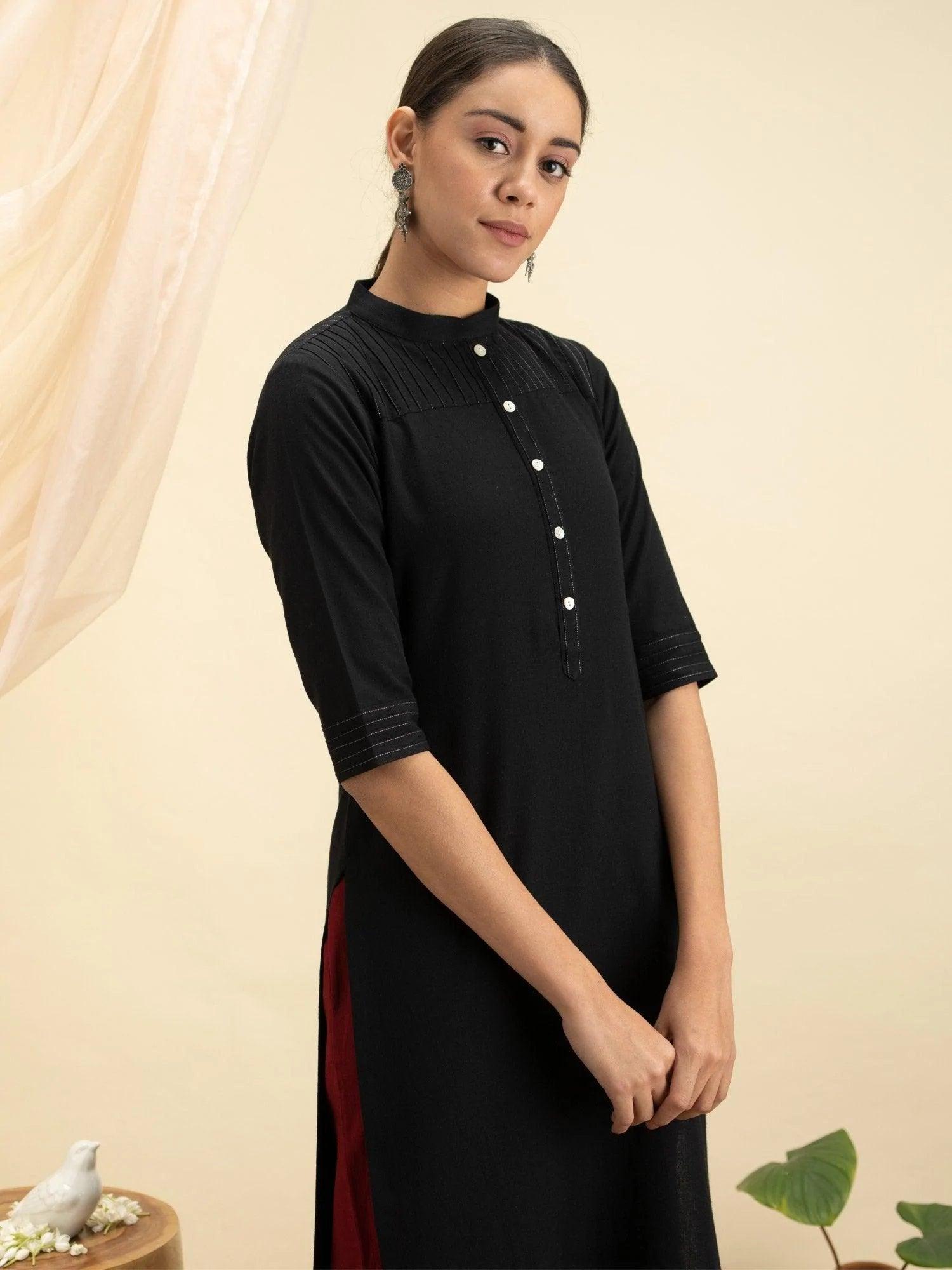 Black Solid Cotton Kurta