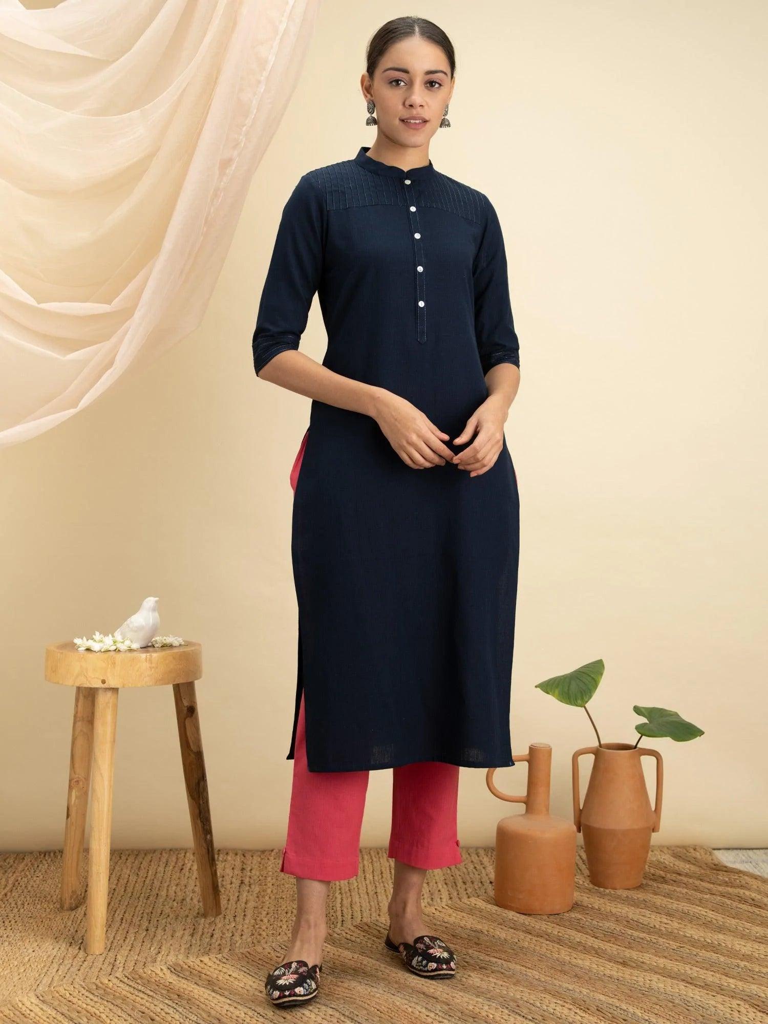 Navy Blue Solid Cotton Kurta