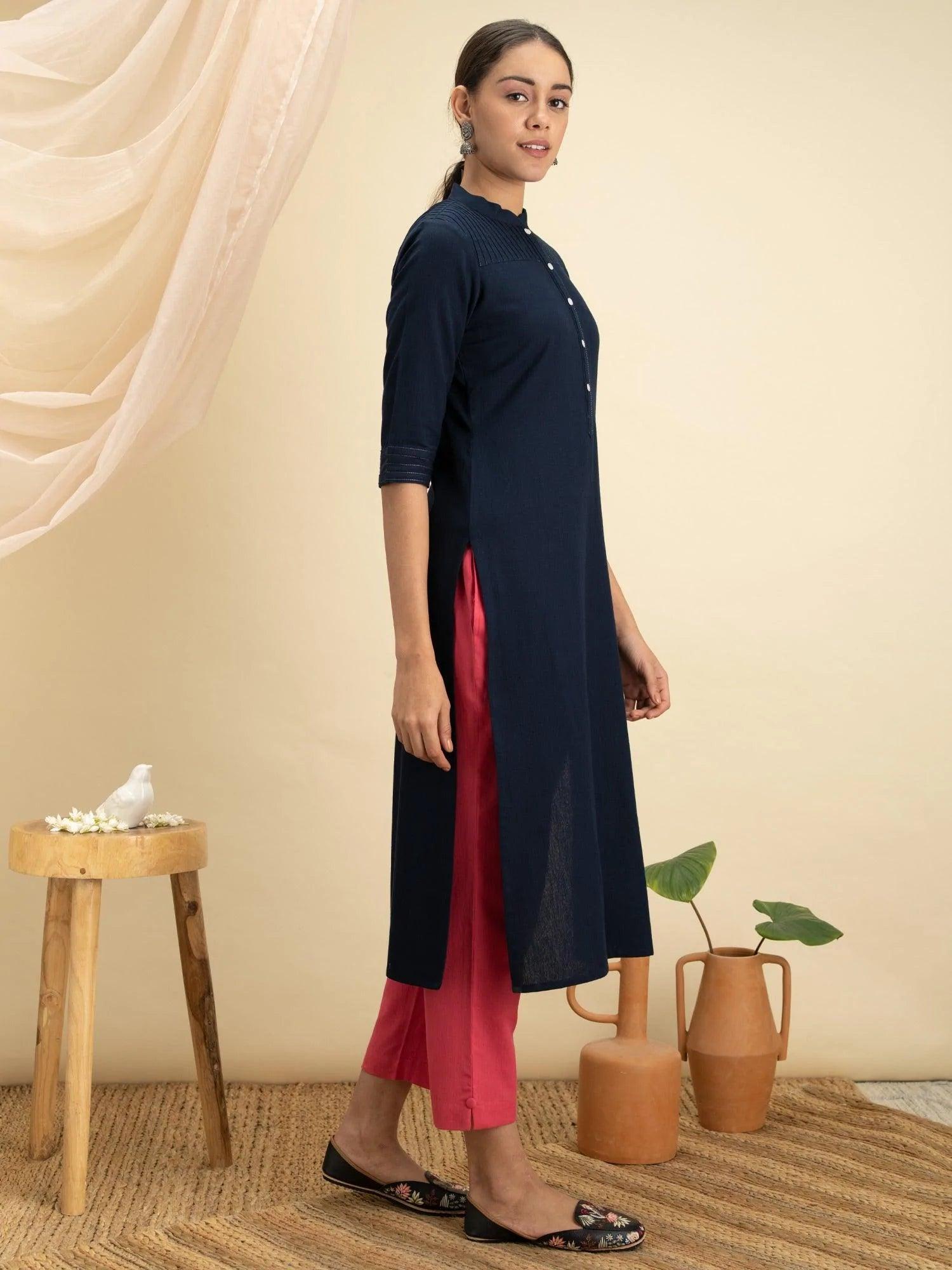 Navy Blue Solid Cotton Kurta