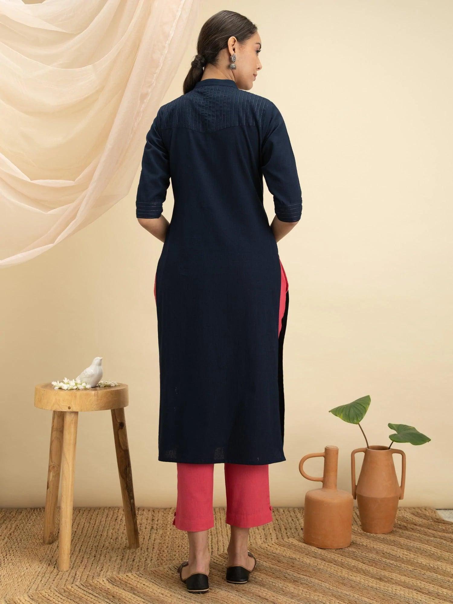 Navy Blue Solid Cotton Kurta