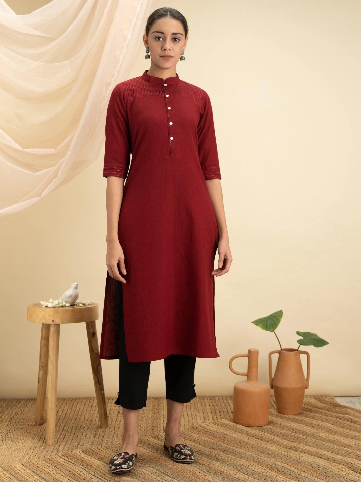 Maroon Solid Cotton Kurta