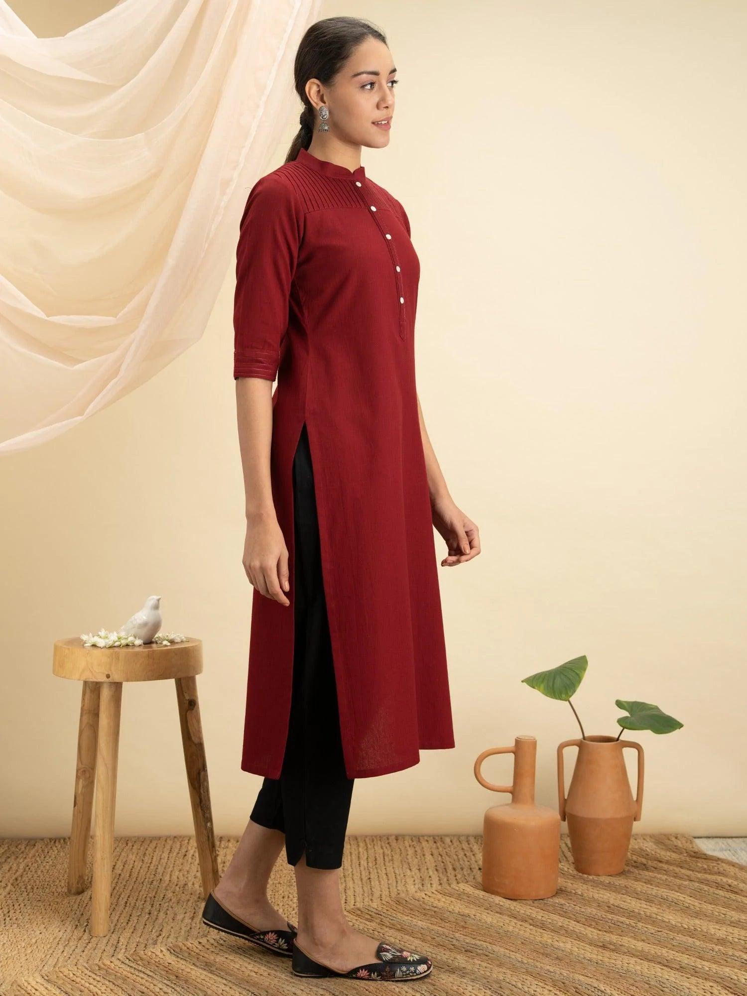 Maroon Solid Cotton Kurta