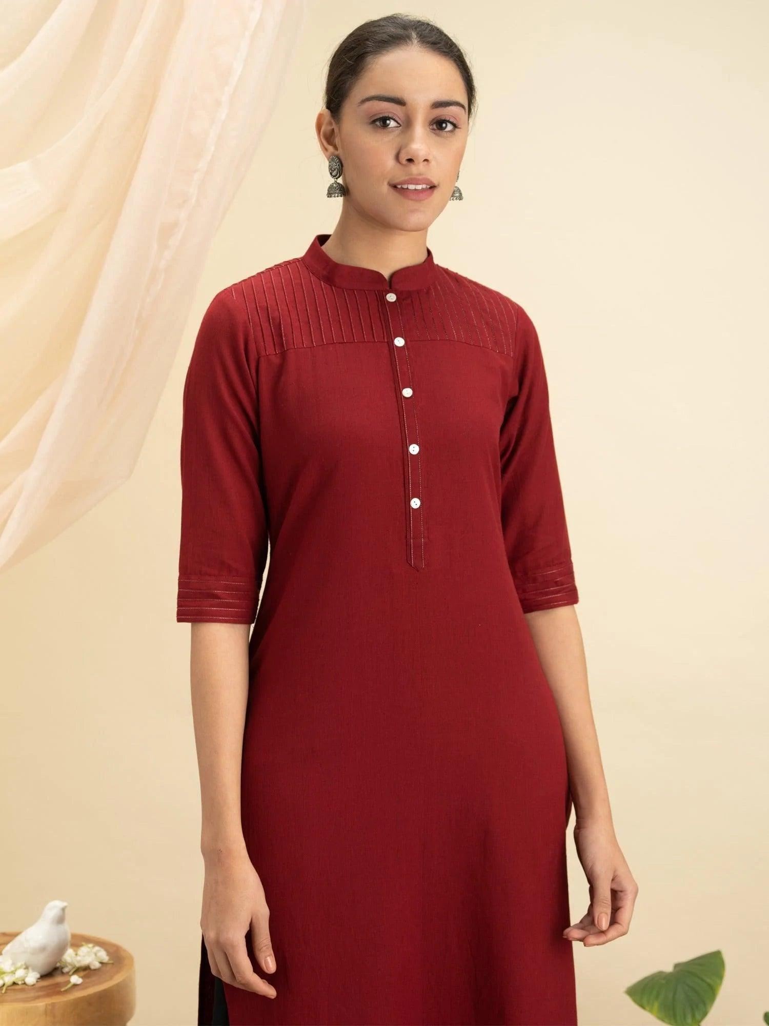 Maroon Solid Cotton Kurta