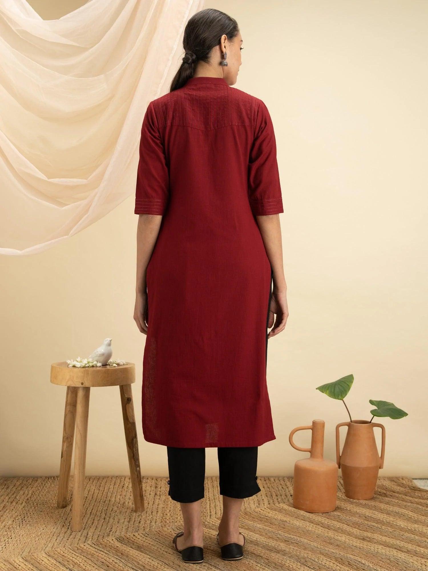 Maroon Solid Cotton Kurta