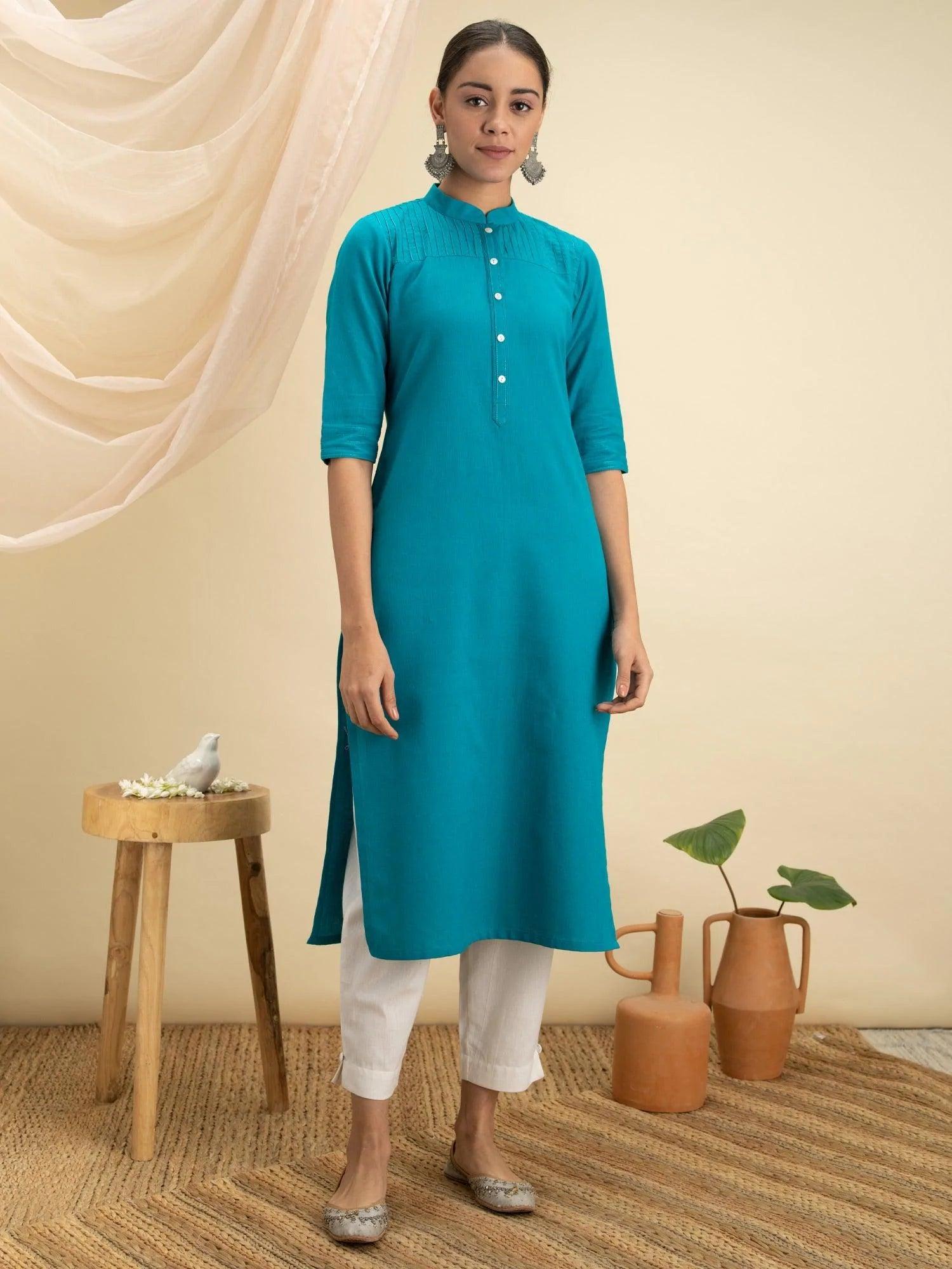 Blue Solid Cotton Kurta