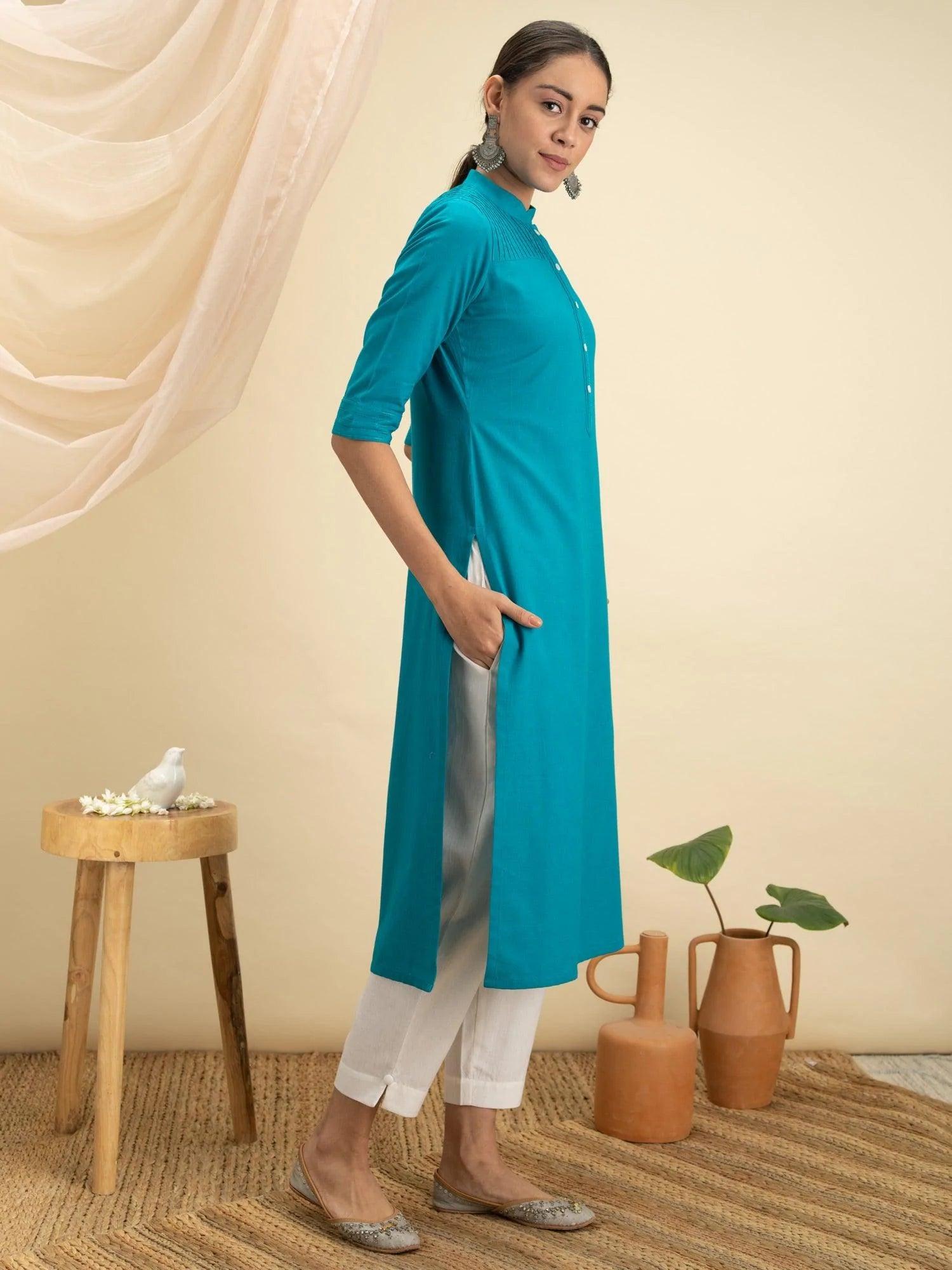 Blue Solid Cotton Kurta