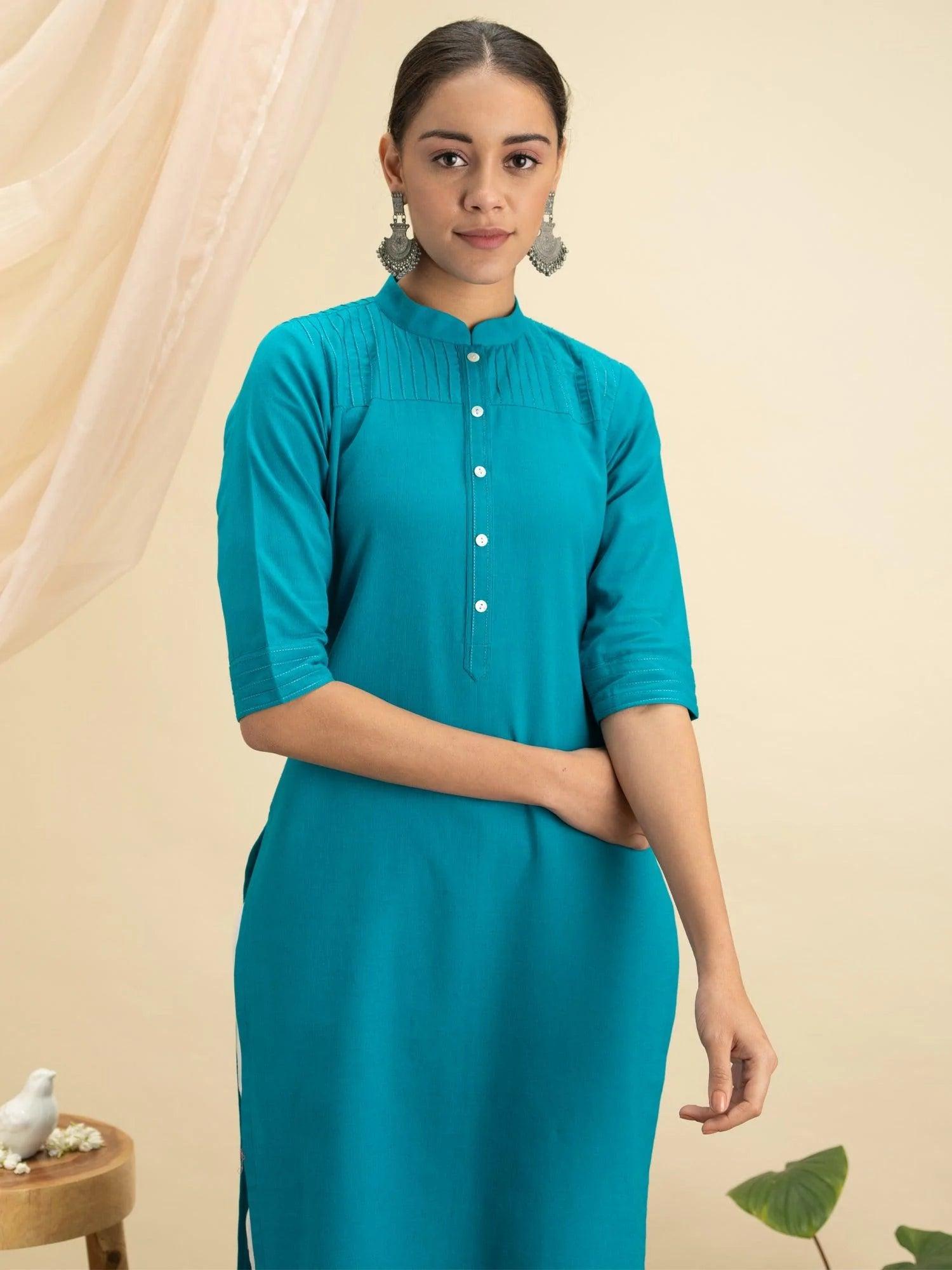 Blue Solid Cotton Kurta