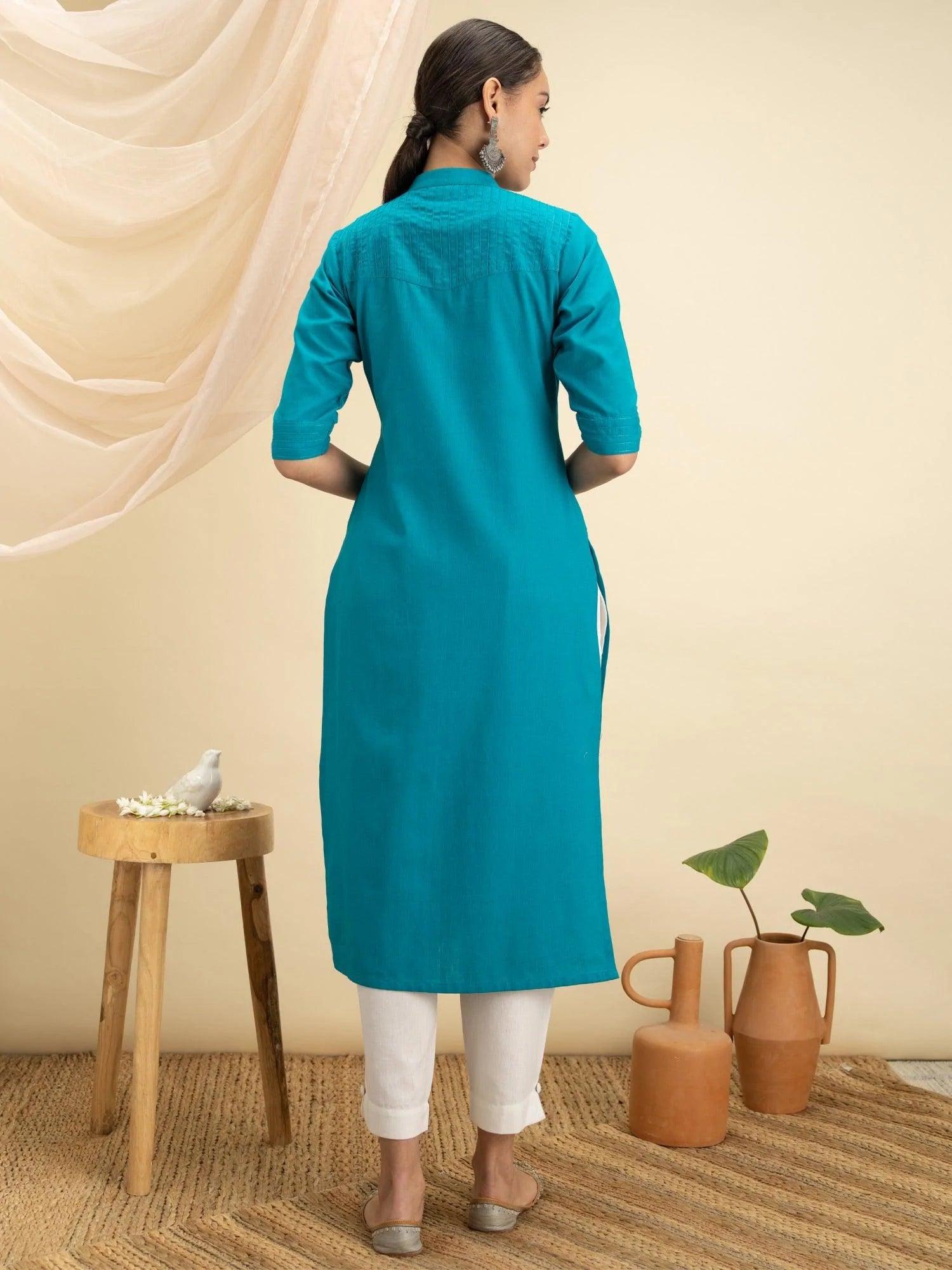 Blue Solid Cotton Kurta