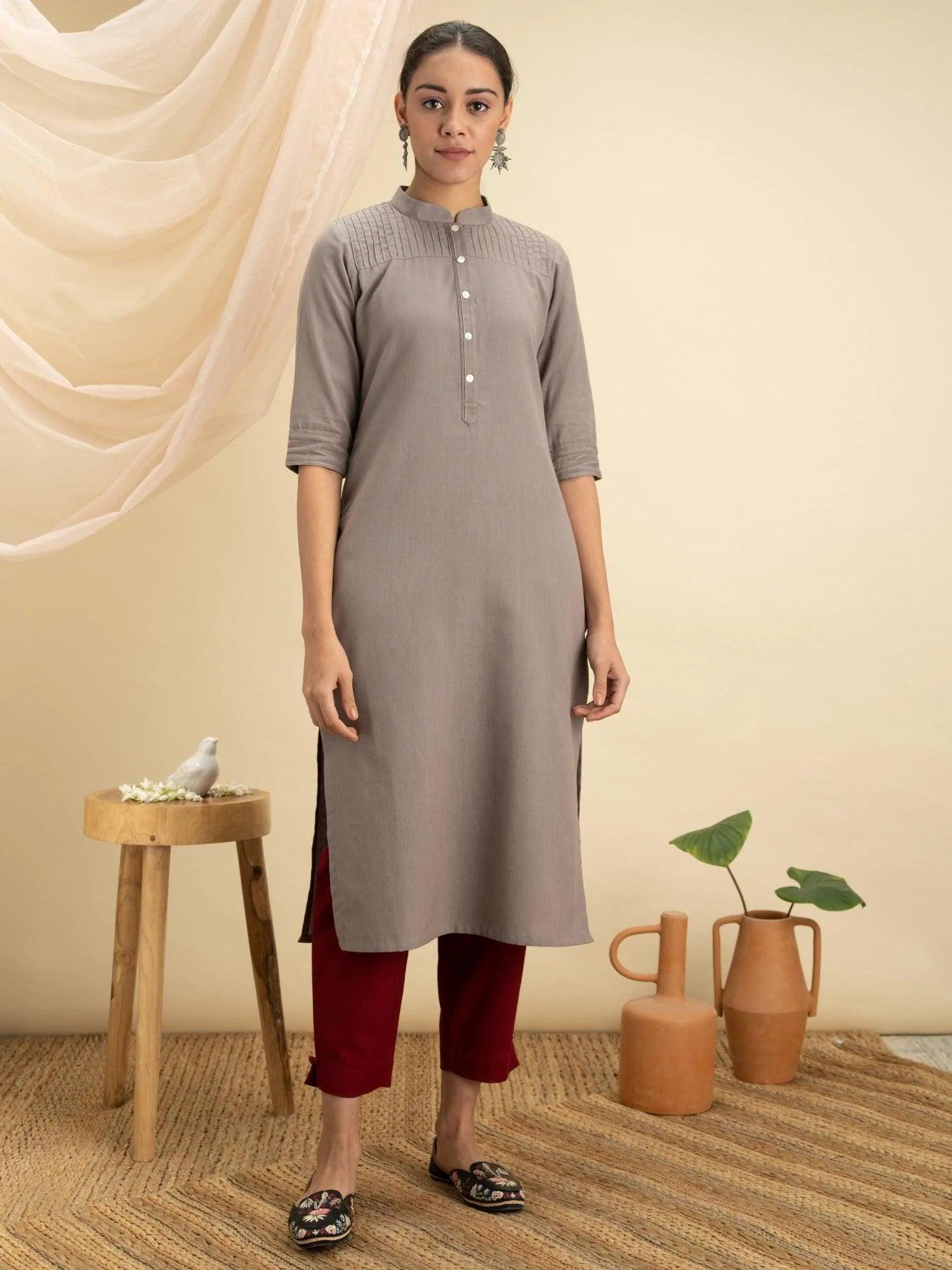 Grey Solid Cotton Kurta