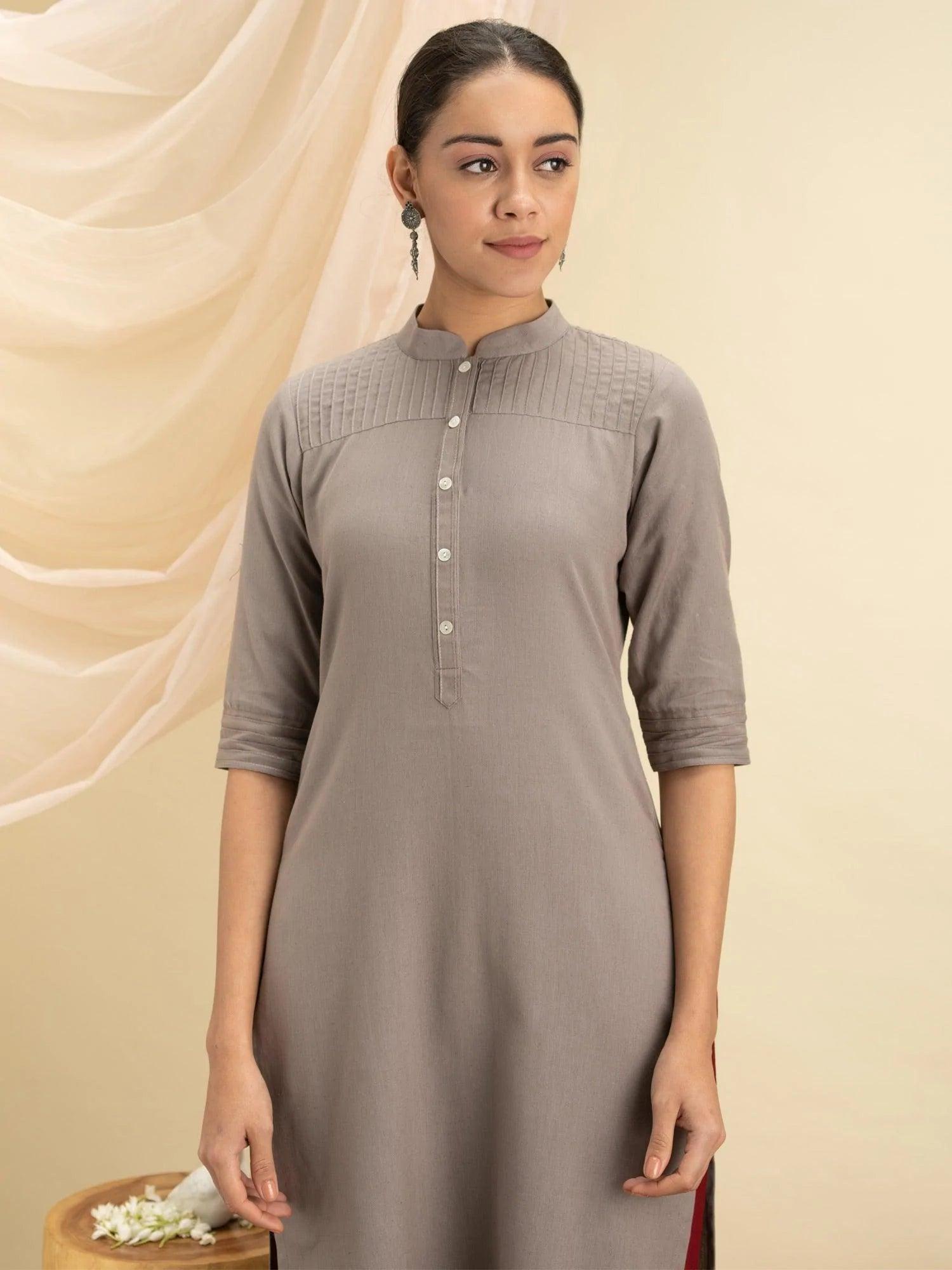 Grey Solid Cotton Kurta