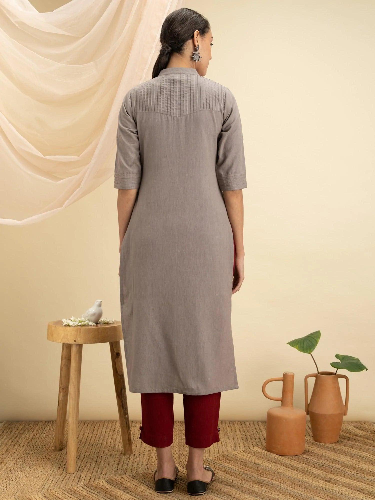 Grey Solid Cotton Kurta