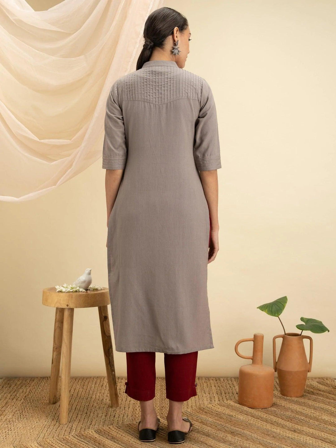 Grey Solid Cotton Kurta - ShopLibas