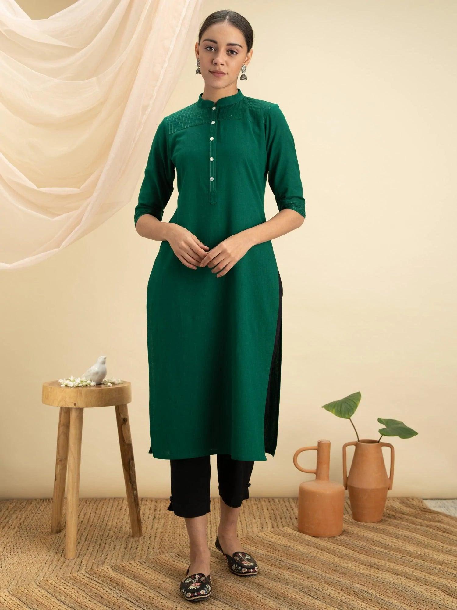 Green Solid Cotton Kurta