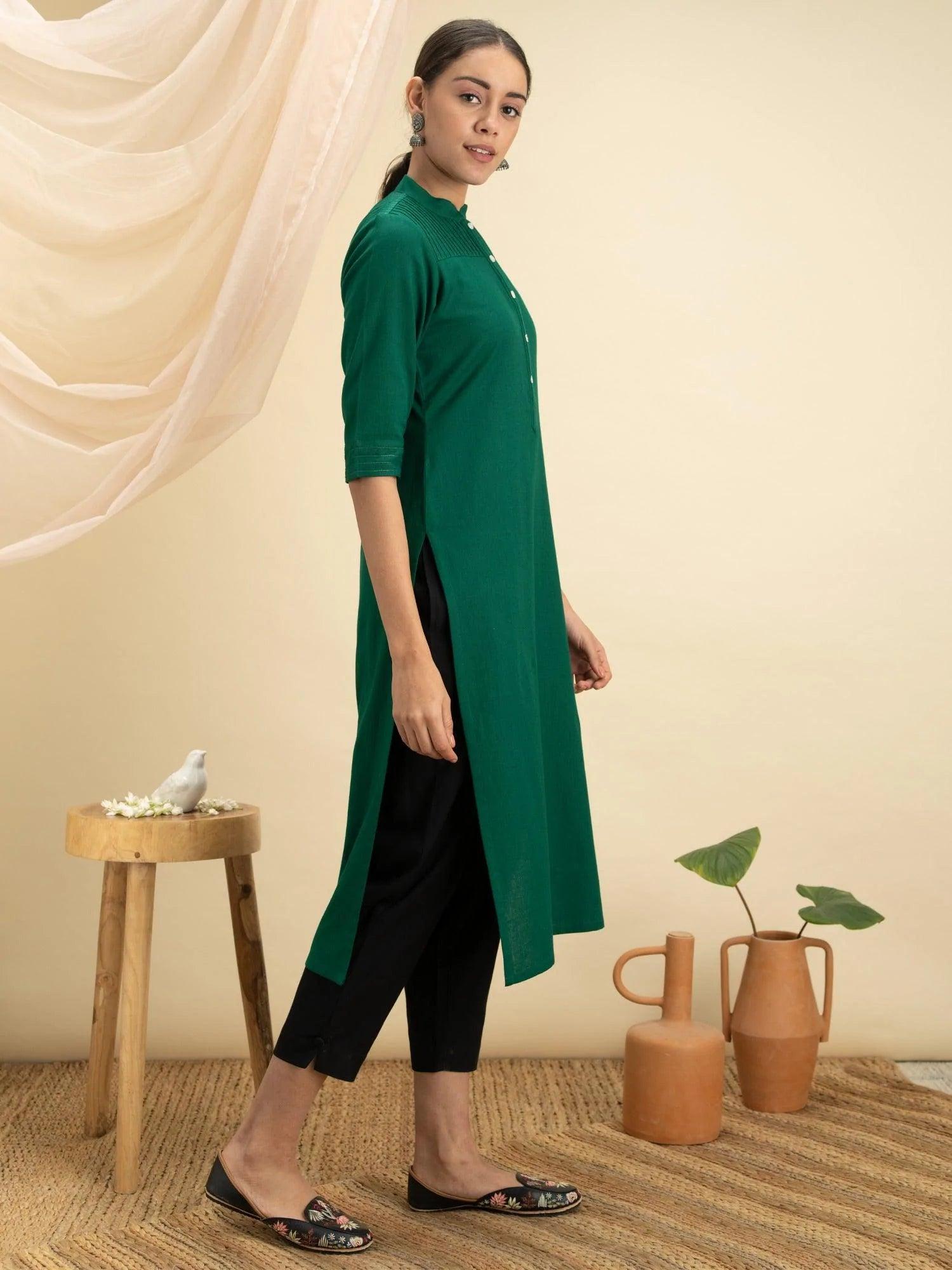 Green Solid Cotton Kurta