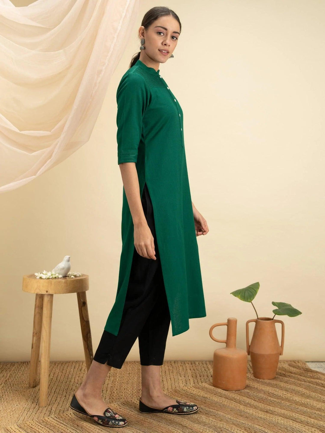 Green Solid Cotton Kurta - ShopLibas