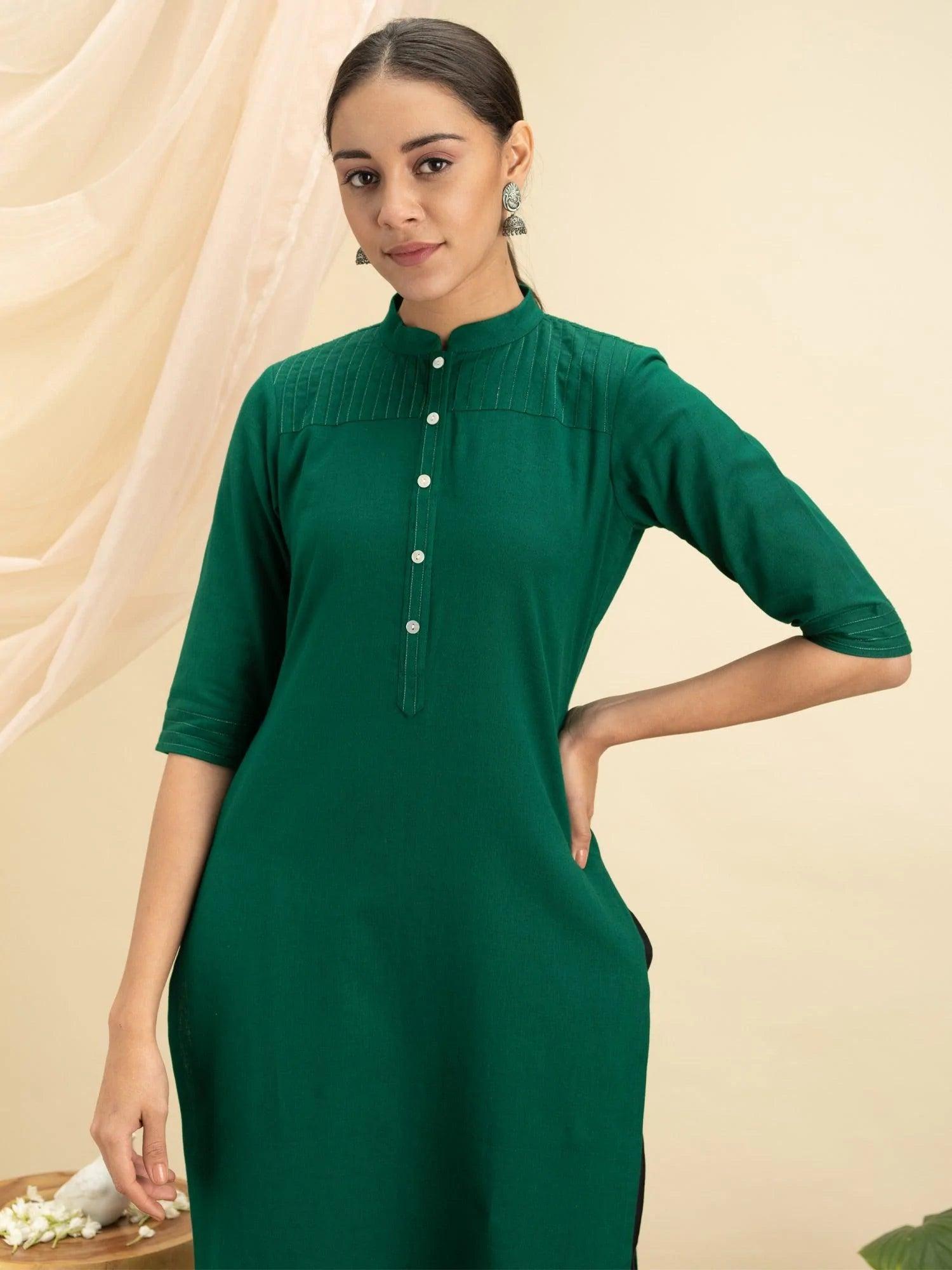 Green Solid Cotton Kurta