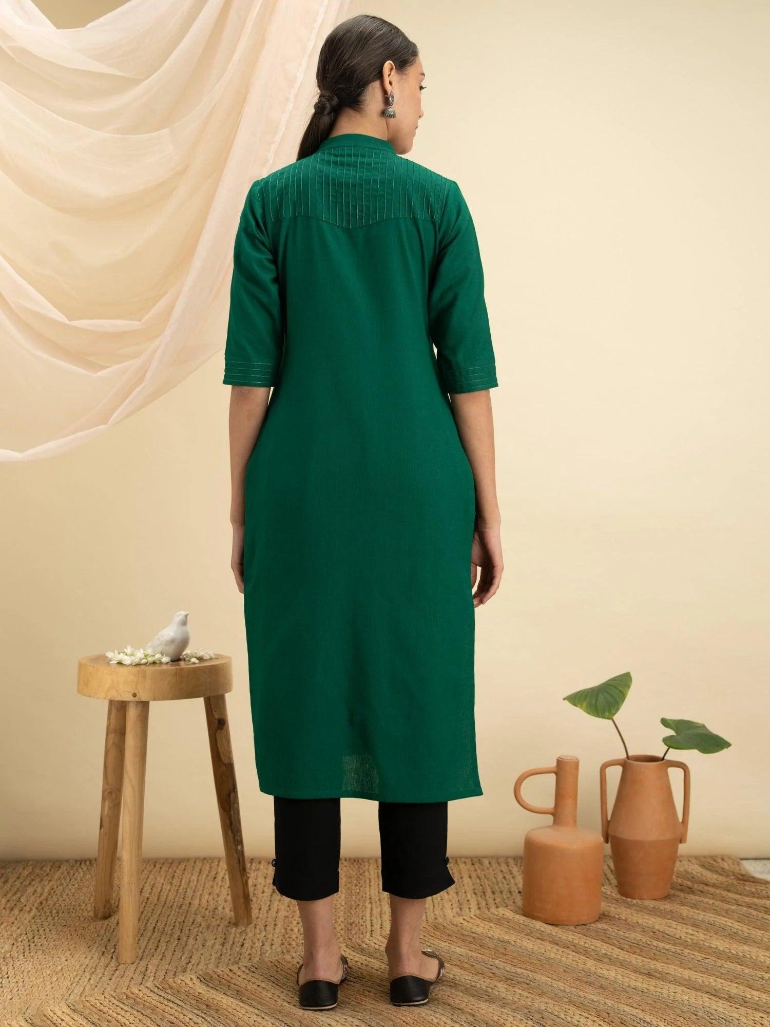 Green Solid Cotton Kurta