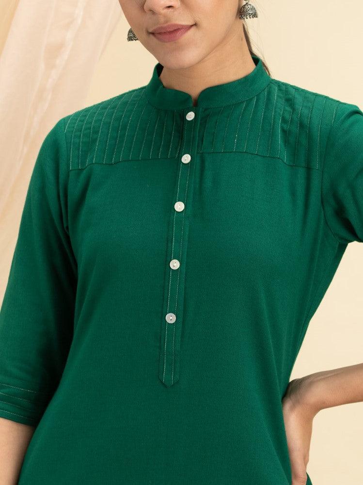 Green Solid Cotton Kurta