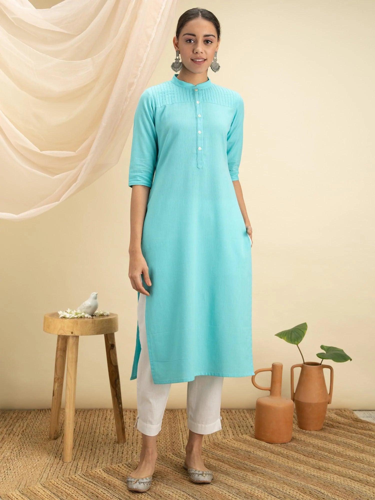 Blue Solid Cotton Kurta