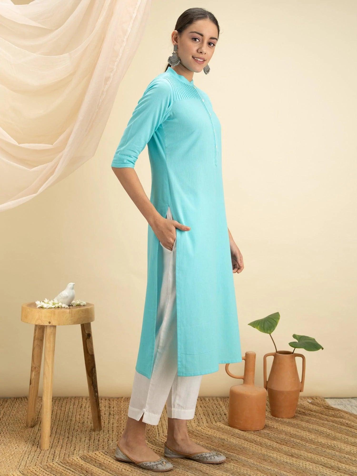 Blue Solid Cotton Kurta