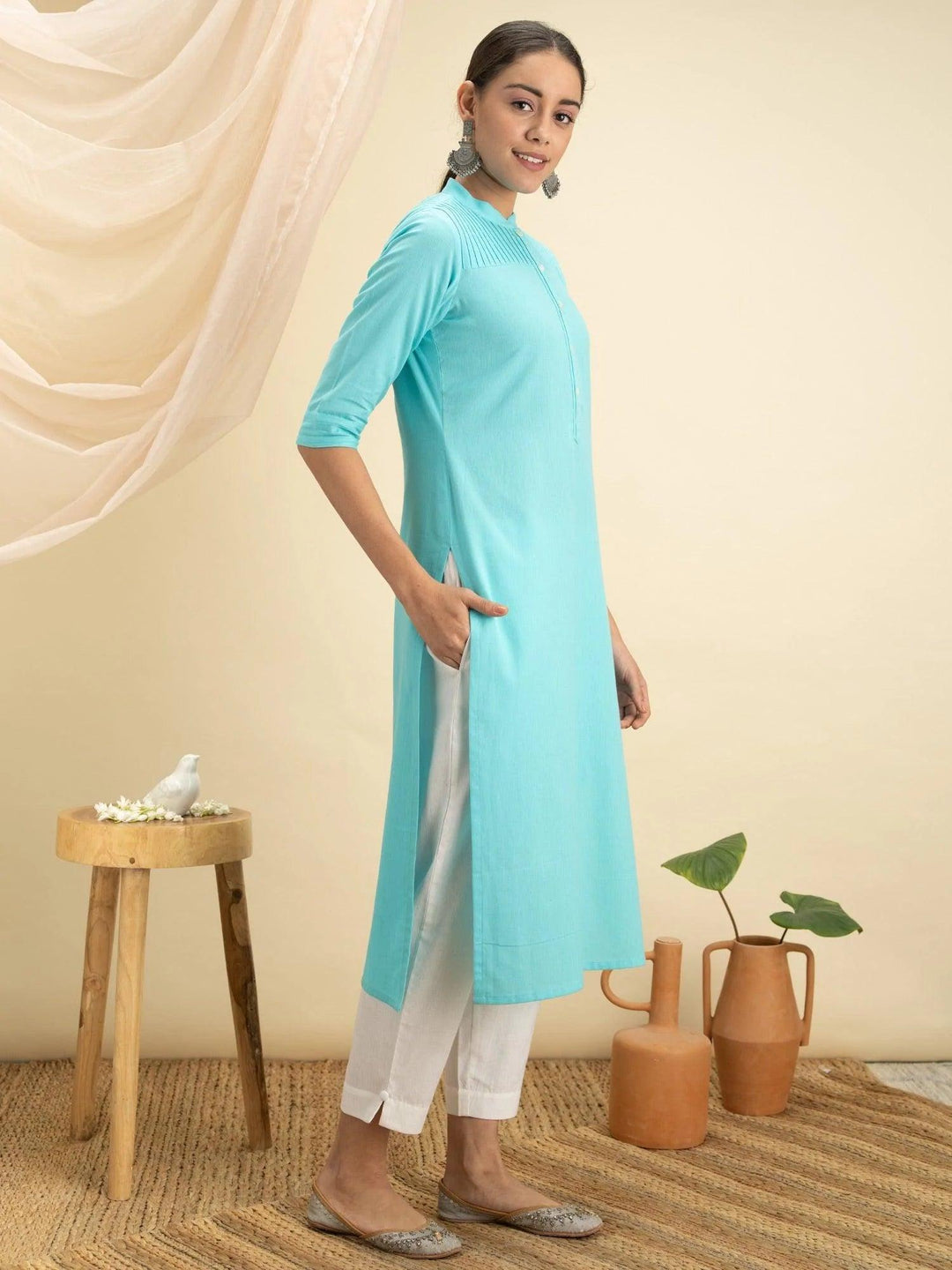 Blue Solid Cotton Kurta - ShopLibas