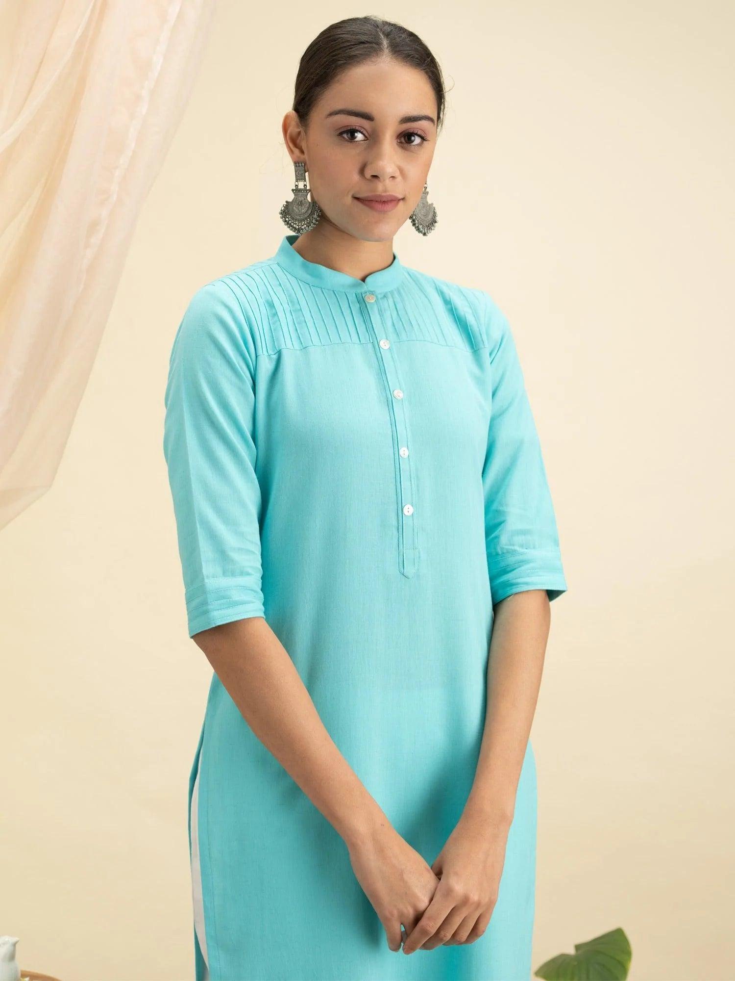 Blue Solid Cotton Kurta