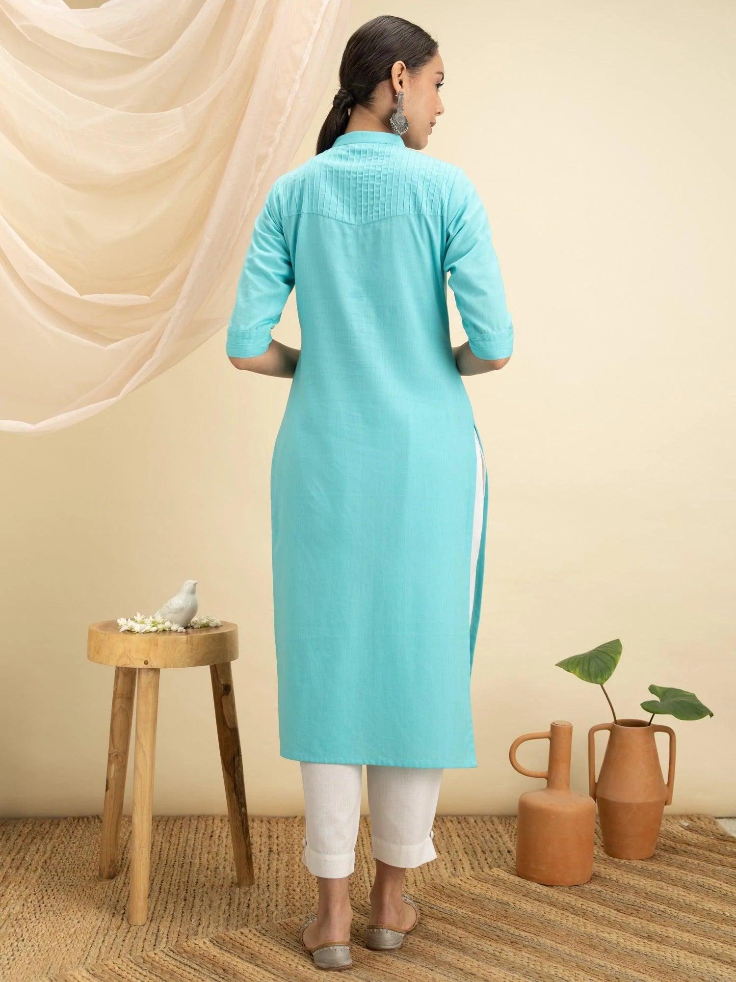 Blue Solid Cotton Kurta