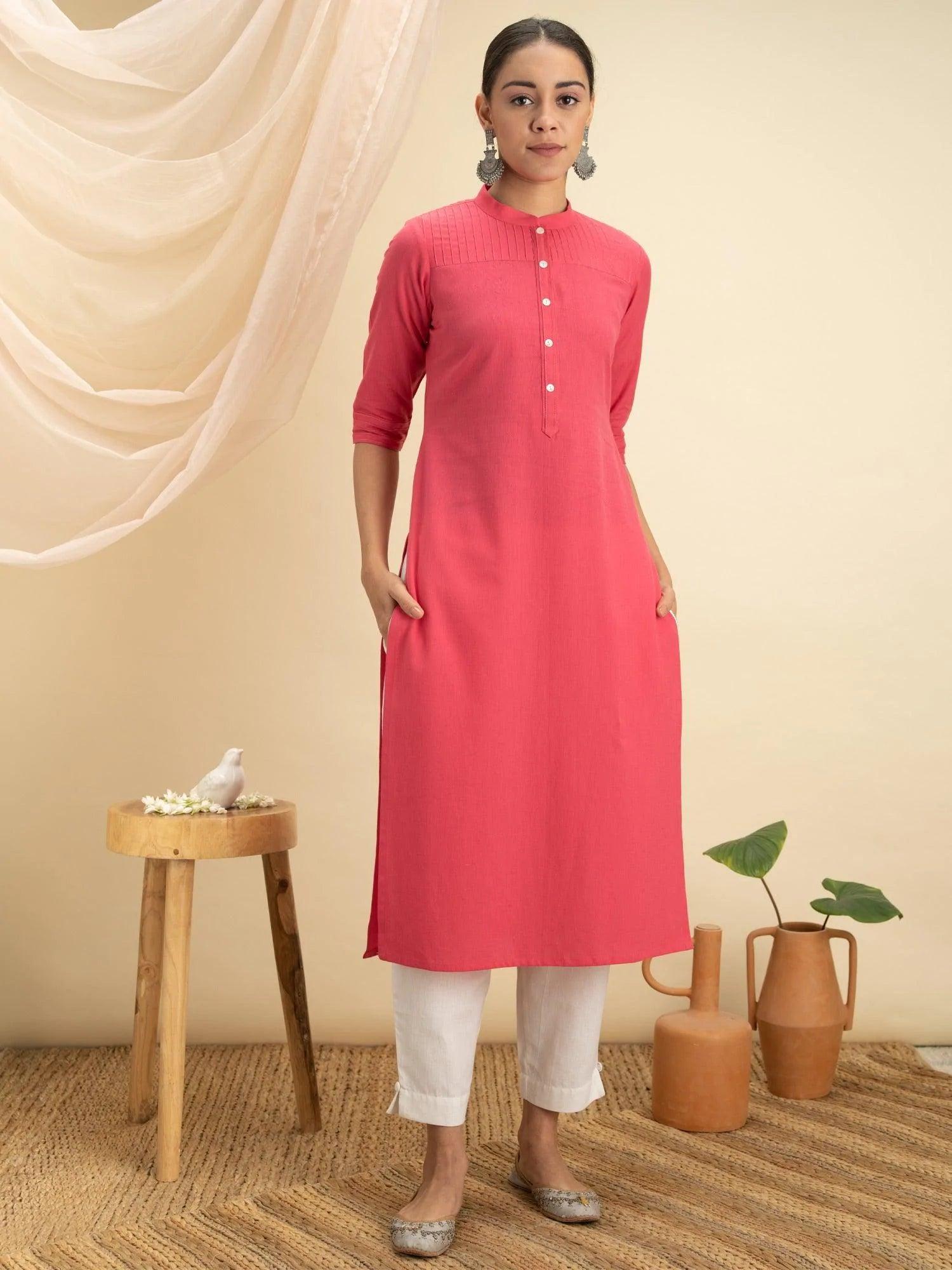 Pink Solid Cotton Kurta